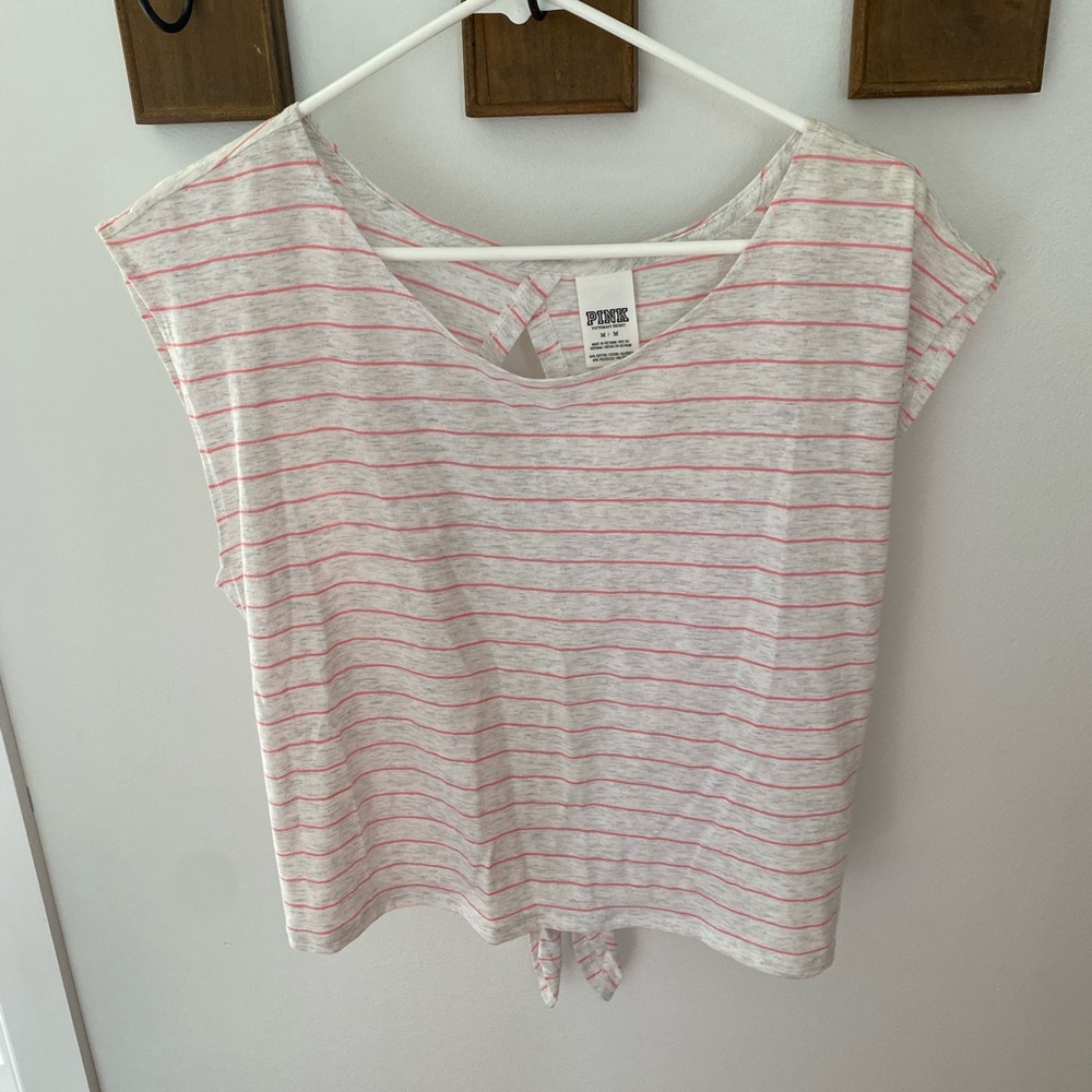 PINK Victoria's Secret White & Pink Striped Tie-Front Tee